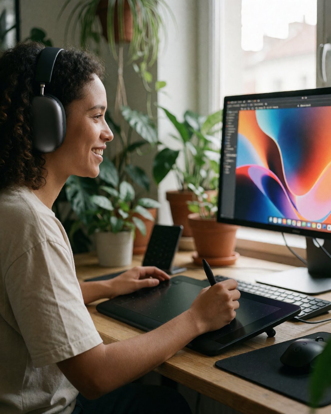 Motion designer at a desk with a drawing tablet, smiling