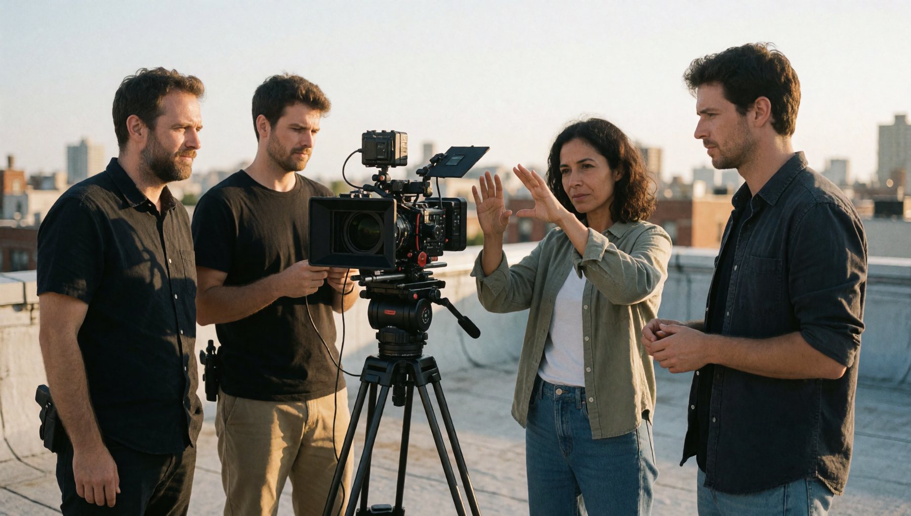 Small film crew on a rooftop at golden hour